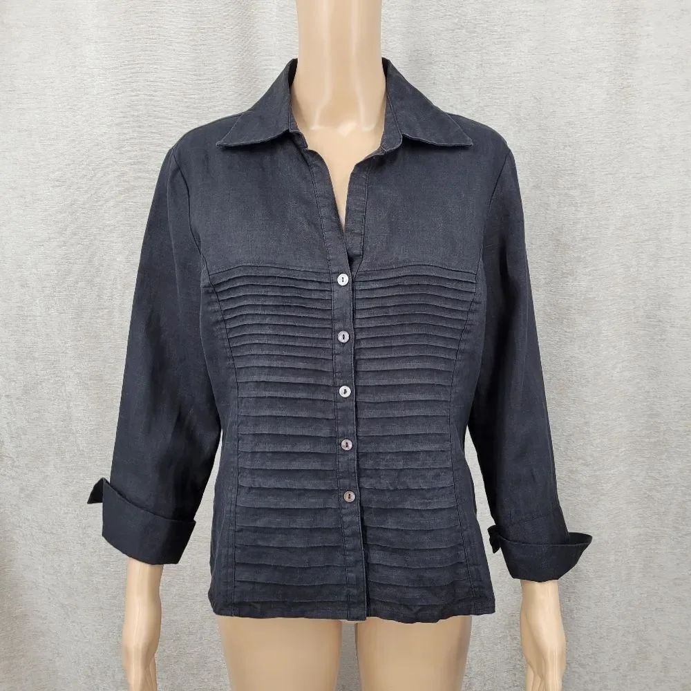 Tracy M Linen Women's Black Button Up Pleated Panel Top Blouse Shirt Large
